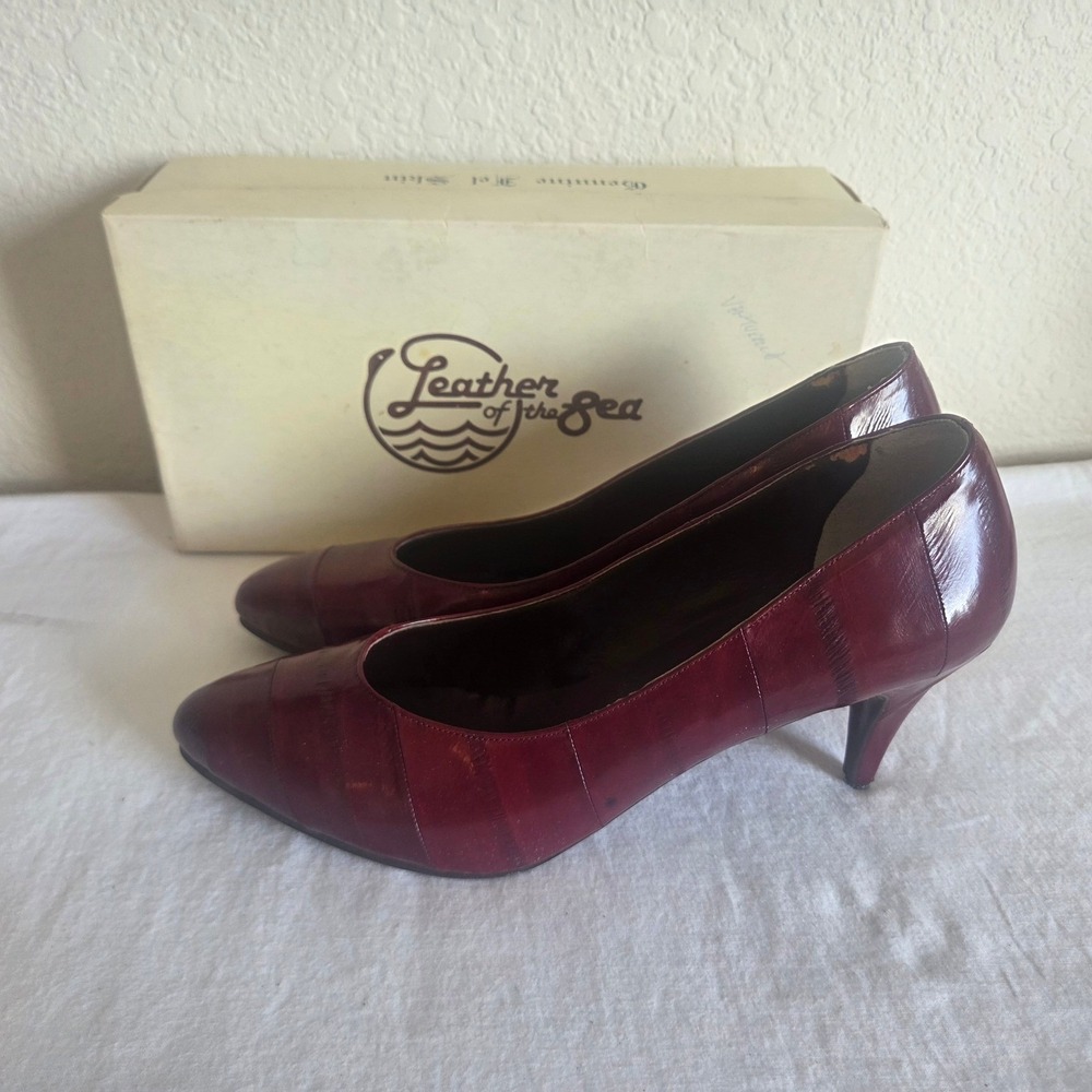 Leather of the Sea Vintage Eel Skin Pumps Wine Burgundy Heels Womens 10 Hawaii